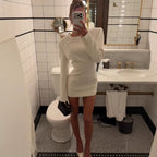 Women Figure-Hugging Long Sleeve Mini Dress with Emphasized Shoulder Area and Patch Pockets Fashion Glam