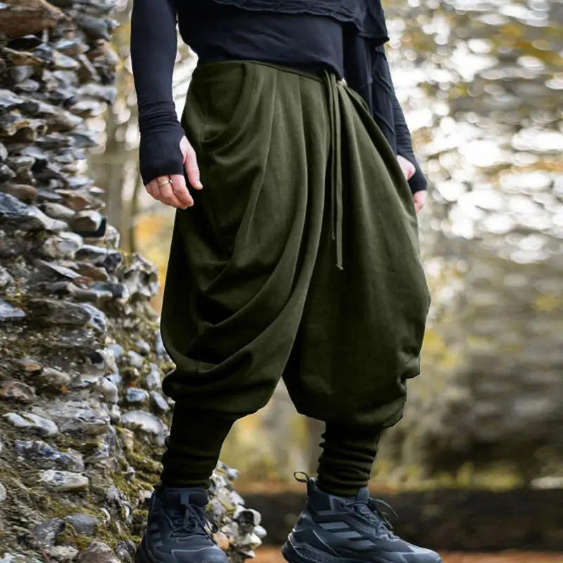 Men's nan avant-garde harem pants with wrap front, elastic waistband, and slim lower leg Fashion Glam