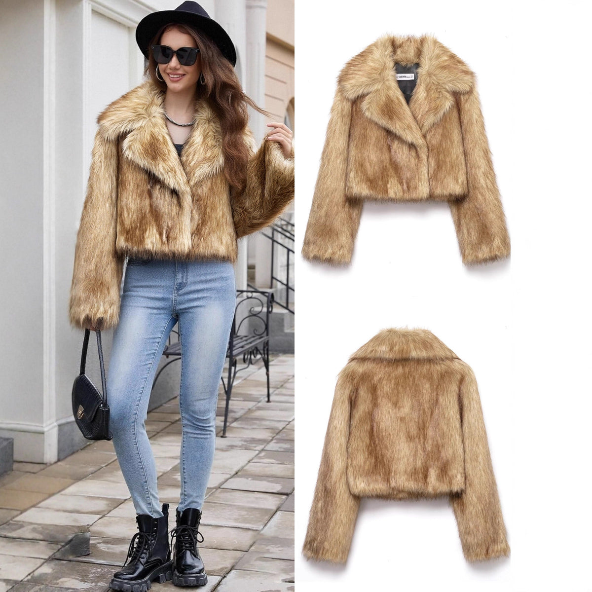 Women's Short Fitted Faux Fur Blouson with Wide Shawl Collar Fashion Glam