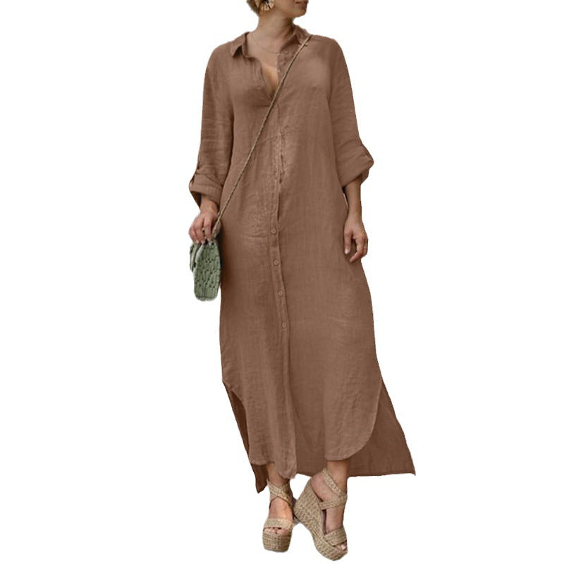 Women's button-up shirt dress with a continuous button placket, side slits, and 3/4 sleeves Fashion Glam
