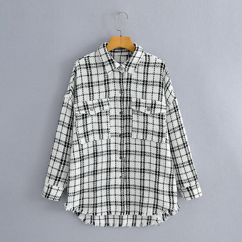 Women's Checked Boucle Shirt Jacket in Oversized Shacket Style with Chest Pockets Fashion Glam
