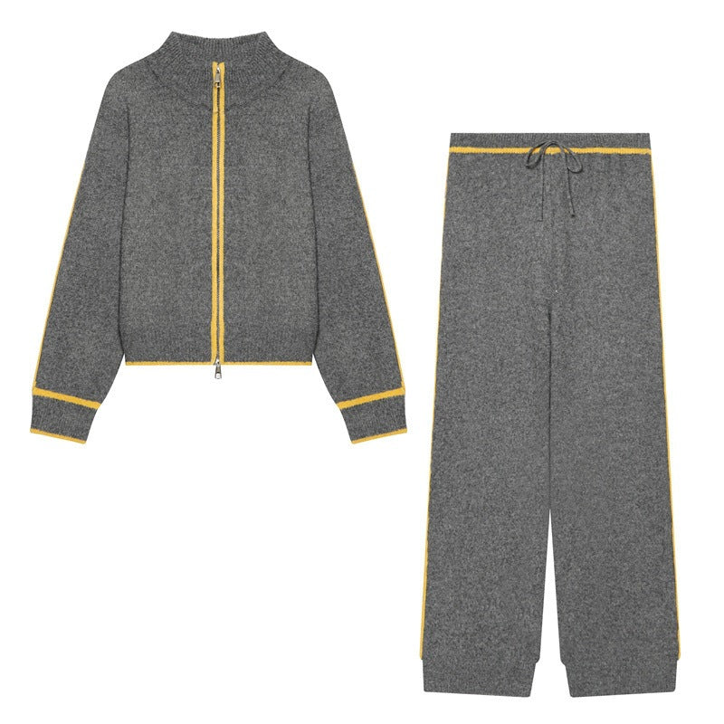 Women Two-Piece Knit Loungewear Set with Short Zip Cardigan and High Waist Palazzo Pants Fashion Glam