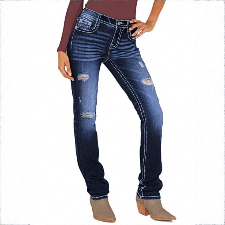 Women Sculpting Straight Denim with contrasting seam details and destroyed details Fashion Glam