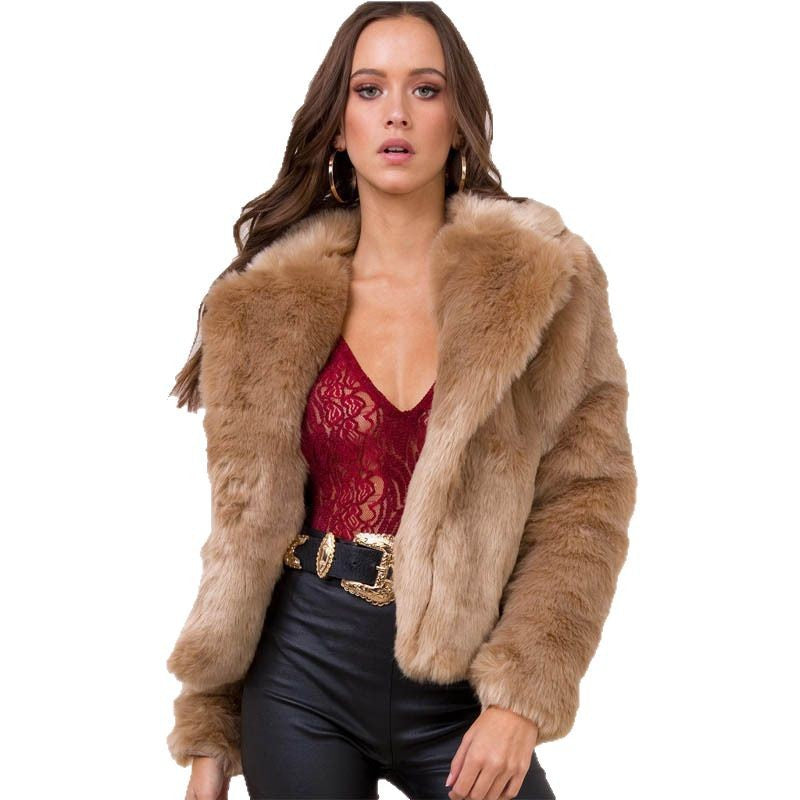 Women's Short Plush Jacket with Voluminous Shawl Collar and Boxy Silhouette Fashion Glam