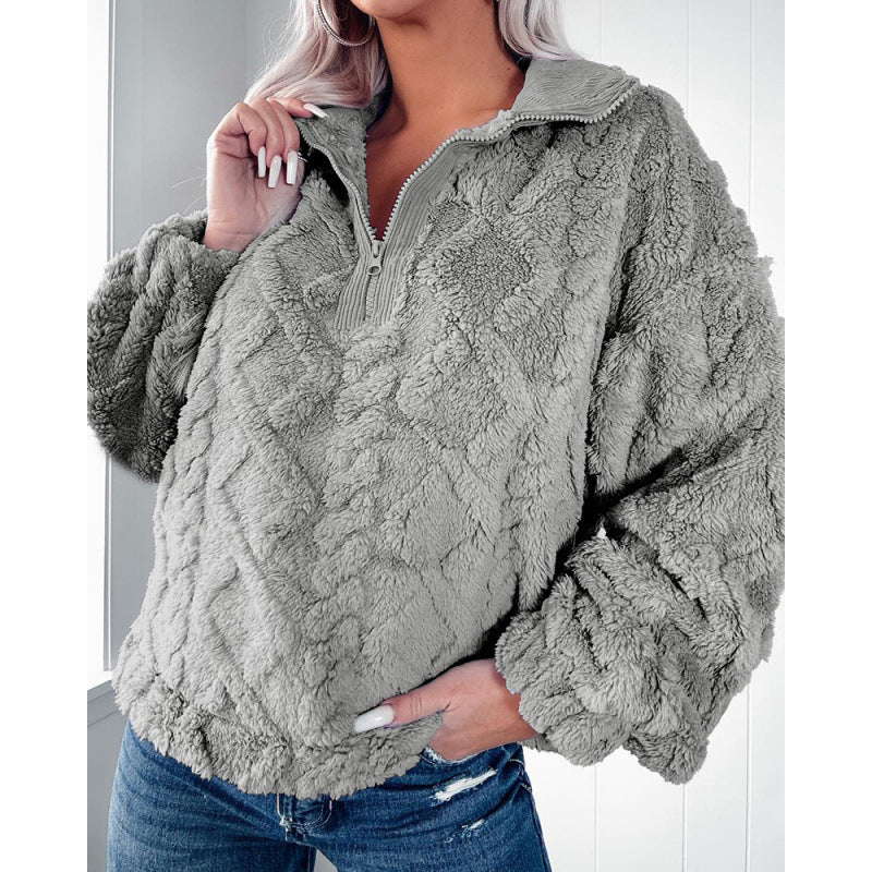 Ladies plush sweater in teddy look with half zipper and structured diamond pattern Fashion Glam