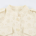 Women's short jacket made of lace embroidery with stand-up collar, utility pockets, and boxy cropped silhouette Fashion Glam