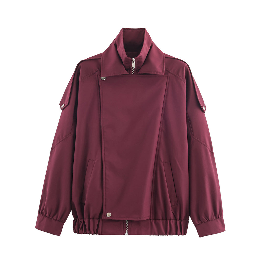 Women's oversized bomber jacket with asymmetric placket front, standing collar, and drawstring hem Fashion Glam