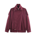 Women's oversized bomber jacket with asymmetric placket front, standing collar, and drawstring hem Fashion Glam