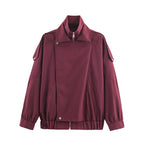 Women's oversized bomber jacket with asymmetric placket front, standing collar, and drawstring hem Fashion Glam