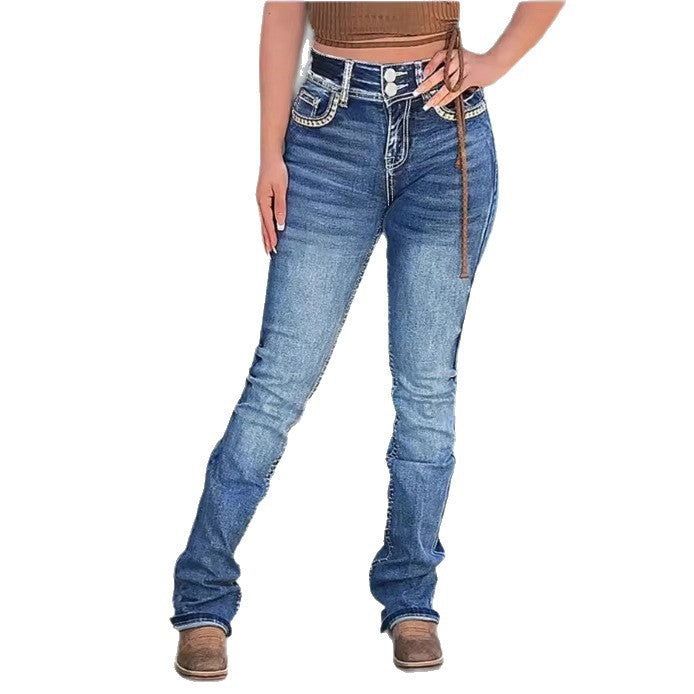 Women High-Waisted Slim-Straight Jeans with V-Shaped Waist and Superstretch Denim Fashion Glam