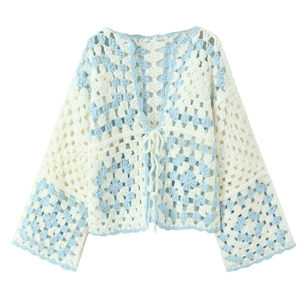 Women Crocheted Granny-Square Cardigan with Wide Sleeves and Ties Fashion Glam