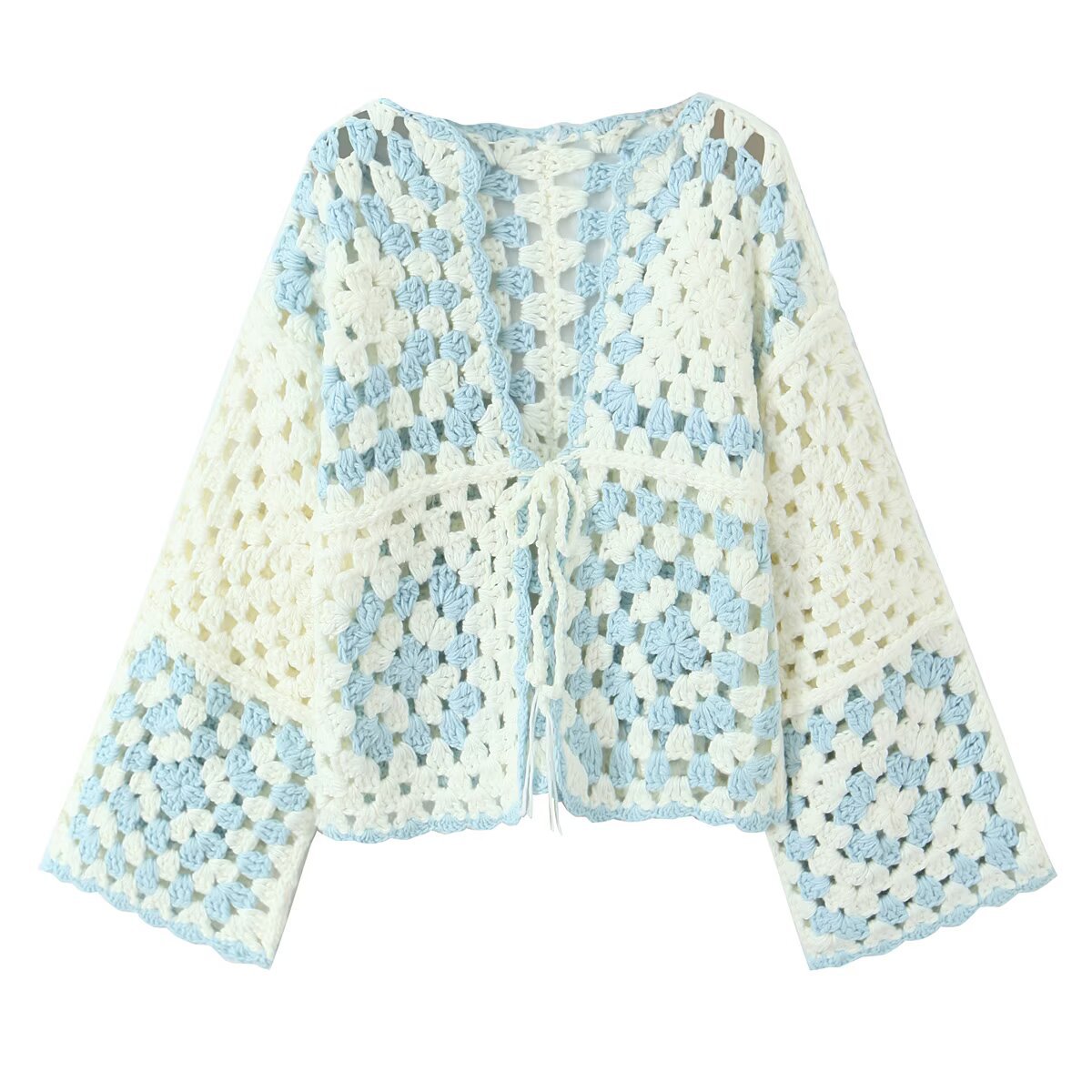 Women Crocheted Granny-Square Cardigan with Wide Sleeves and Ties Fashion Glam