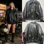 Women's Oversized Faux Leather Bomber Jacket with Zipper, Flap Pockets and Elastic Hem Fashion Glam