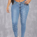 Women High-Waist Skinny Jeans with Pearl Application Fashion Glam