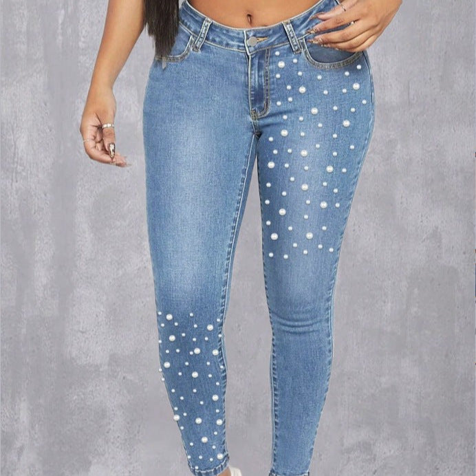 Women High-Waist Skinny Jeans with Pearl Application Fashion Glam