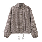 Women's Checked Oversize Blouson with Drawstring and Stand Collar Fashion Glam