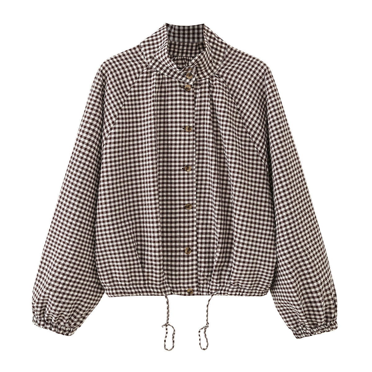 Women's Checked Oversize Blouson with Drawstring and Stand Collar Fashion Glam