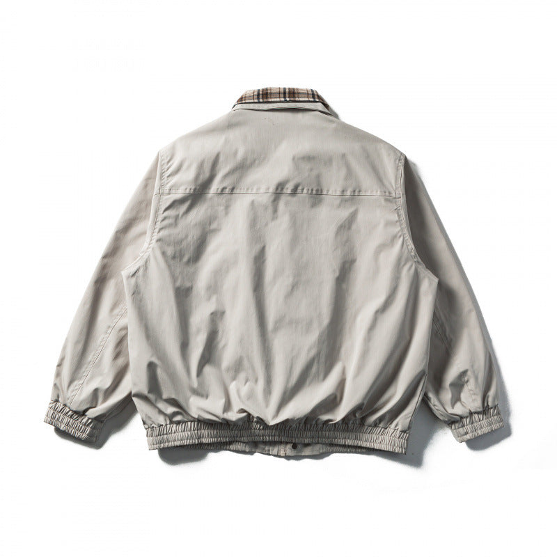 Men's Short Cut Boxy Transition Jacket with Checked Collar and Elastic Hem Fashion Glam