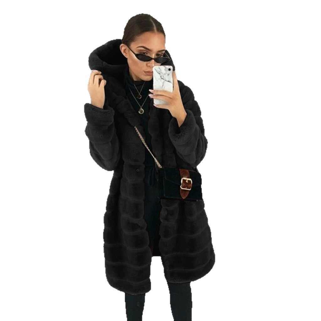 Women's Hooded Faux Fur Coat with Quilted Panel Structure Fashion Glam