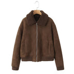 Women's Short Cut Teddy-Lined Suede Look Flight Jacket with Zipper Fashion Glam