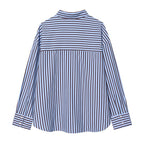 Women Oversized Shirt with Vertical Striped Pattern and Kent Collar Fashion Glam