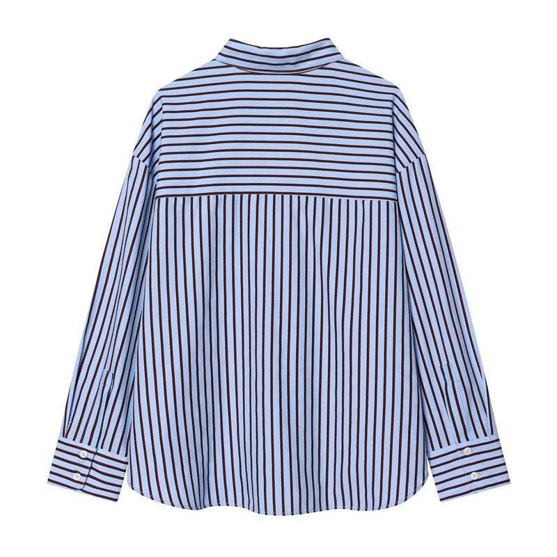 Women Oversized Shirt with Vertical Striped Pattern and Kent Collar Fashion Glam