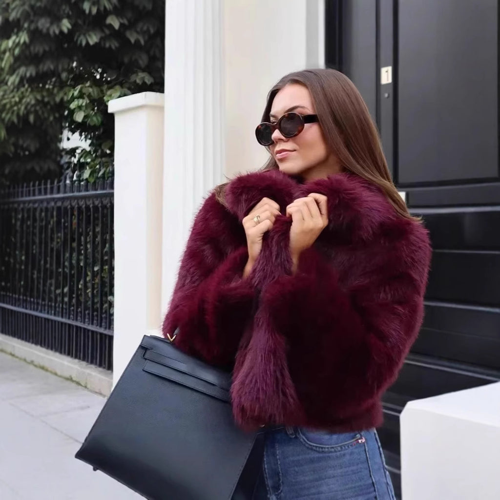 Women's Short Teddy Faux Fur Cropped Blouson with Internal Button Placket and Soft Sleeve Cuffs Fashion Glam