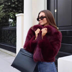 Women's Short Teddy Faux Fur Cropped Blouson with Internal Button Placket and Soft Sleeve Cuffs Fashion Glam