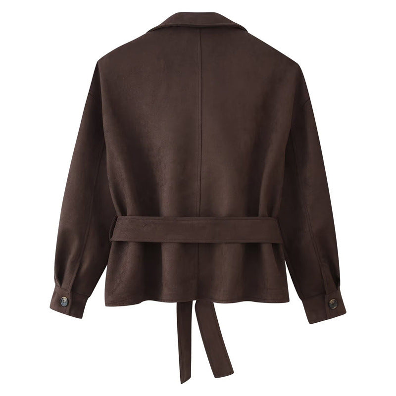 Women's Cropped Trench Coat in Suede Look with Ties and Epaulettes Fashion Glam