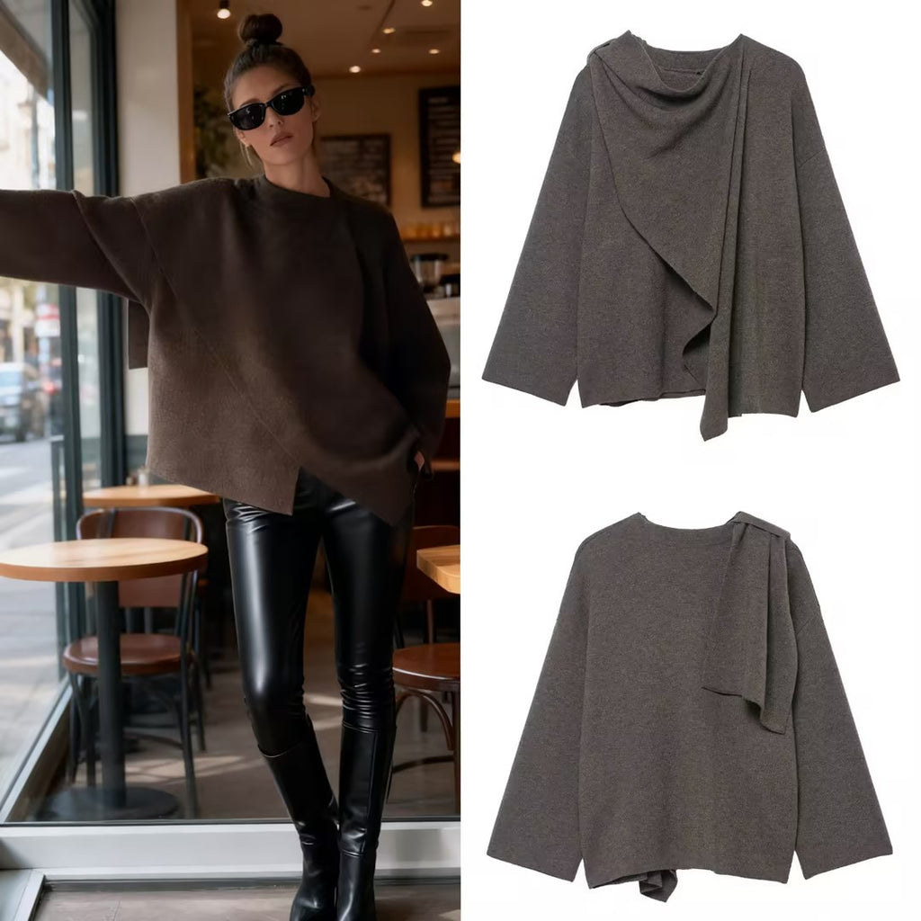 Women's Draped Oversized Cardigan with Hooded Collar and Wide Sleeves Fashion Glam