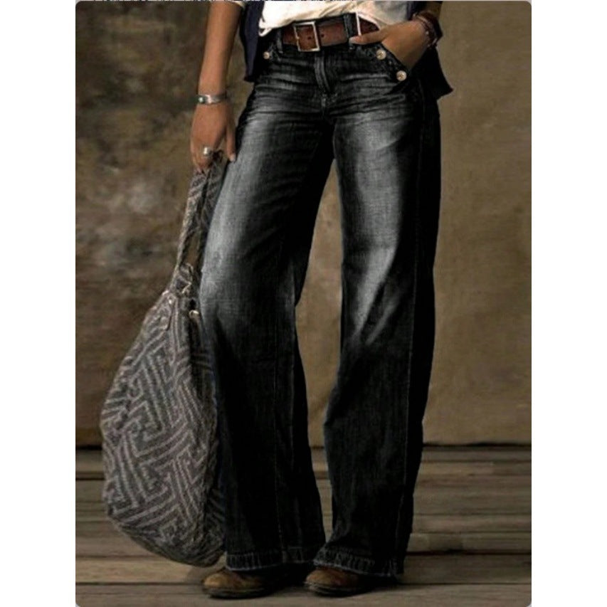 Women's Wide Vintage Jeans with High Waist and Used Wash Fashion Glam