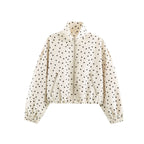 Women Cropped Dotted Bomber Jacket with High Stand Collar, Zipper Pockets, and Elastic Hem Fashion Glam