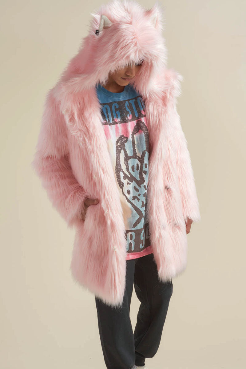 Women's Longer Hooded Faux Fur Coat with Animal Ears and Fluffy High Pile Fashion Glam