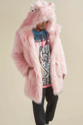 Women's Longer Hooded Faux Fur Coat with Animal Ears and Fluffy High Pile Fashion Glam