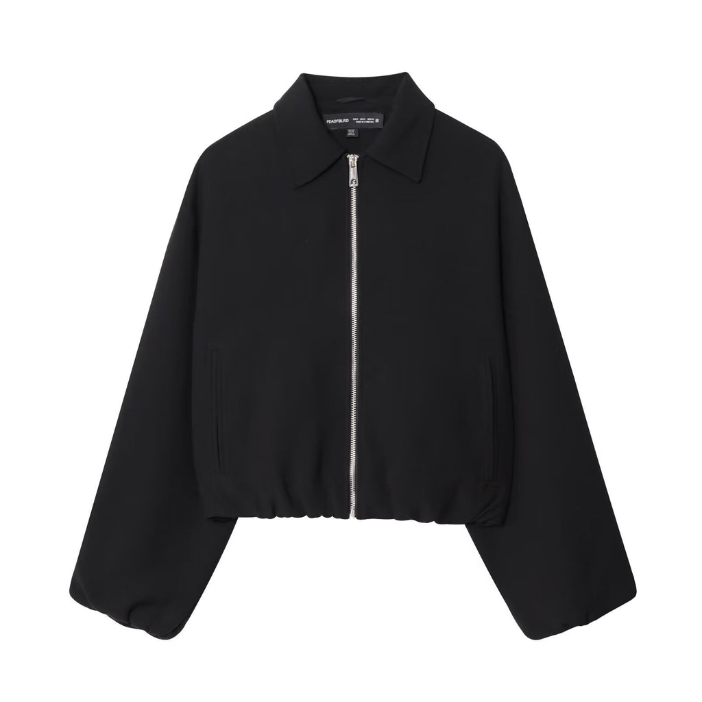 Women short jacket made of vegan leather with Kent collar, full-length zipper and gathered hem Fashion Glam