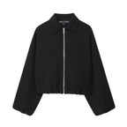 Women short jacket made of vegan leather with Kent collar, full-length zipper and gathered hem Fashion Glam