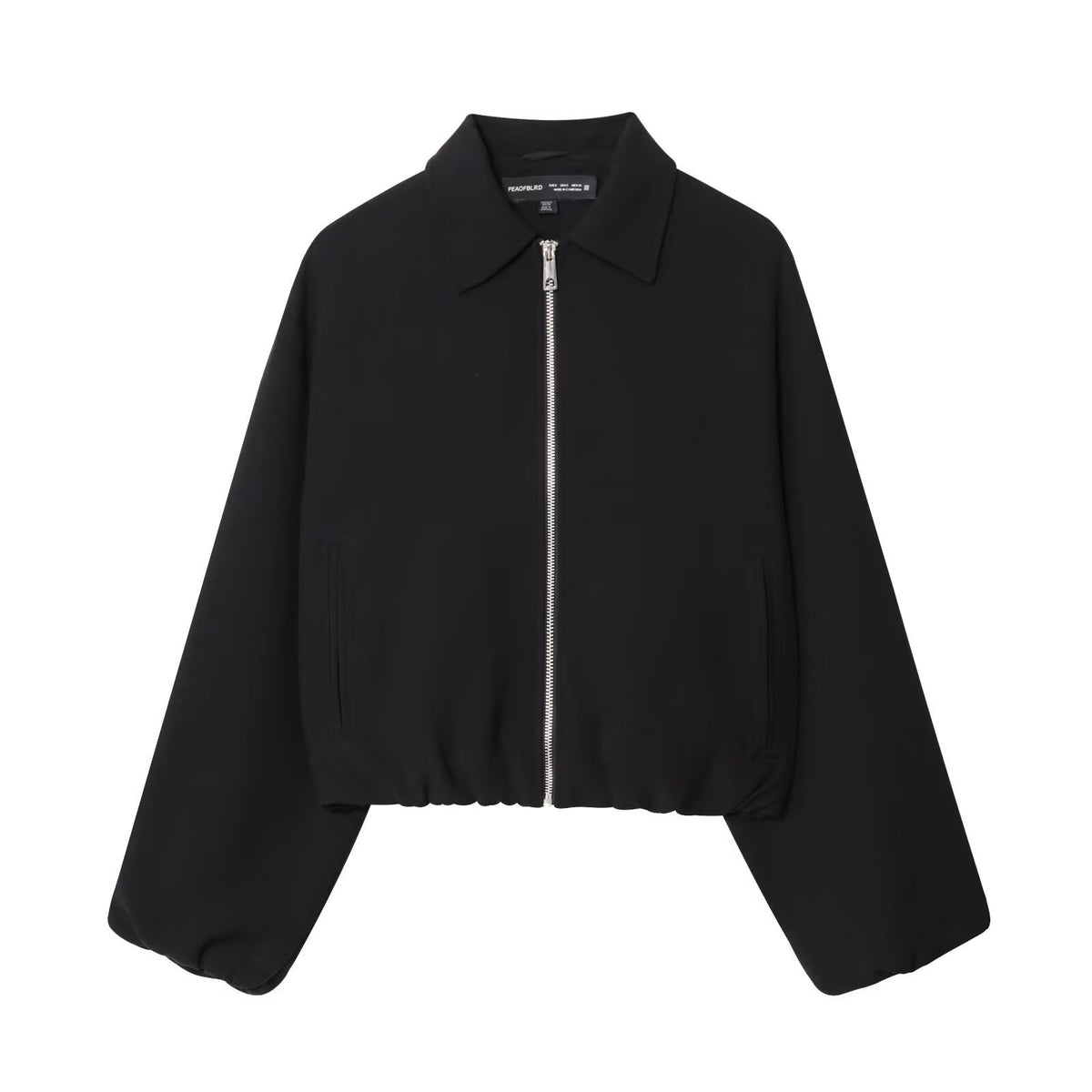 Women short jacket made of vegan leather with Kent collar, full-length zipper and gathered hem Fashion Glam