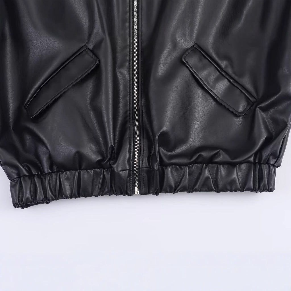 Women's Faux Leather Bomber Jacket with Contrasting Hood in Sweatstyle and Elastic Hem Fashion Glam
