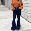 Ladies high-waisted retro flared jeans with visible button placket and flared leg Fashion Glam