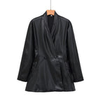 Women's tailored double-breasted faux leather midi coat with shawl collar and patch pockets Fashion Glam