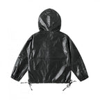 [Unisex Hooded Boxy Jacket in Leather Look with Drawstring and Flap Pockets Fashion Glam]