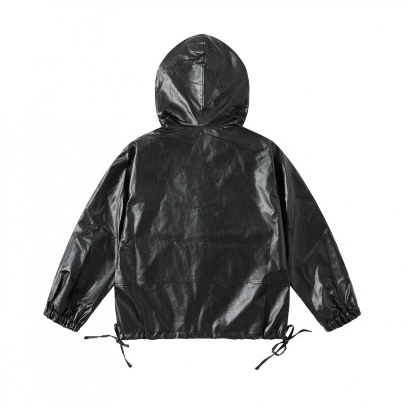 [Unisex Hooded Boxy Jacket in Leather Look with Drawstring and Flap Pockets Fashion Glam]