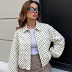 Women's Polka Dot Bomber Jacket with Zipper and Elastic Hem Fashion Glam