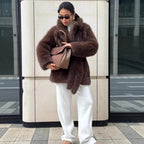 Women Boxy Short Coat made of extra fluffy high pile with wrap belt Fashion Glam