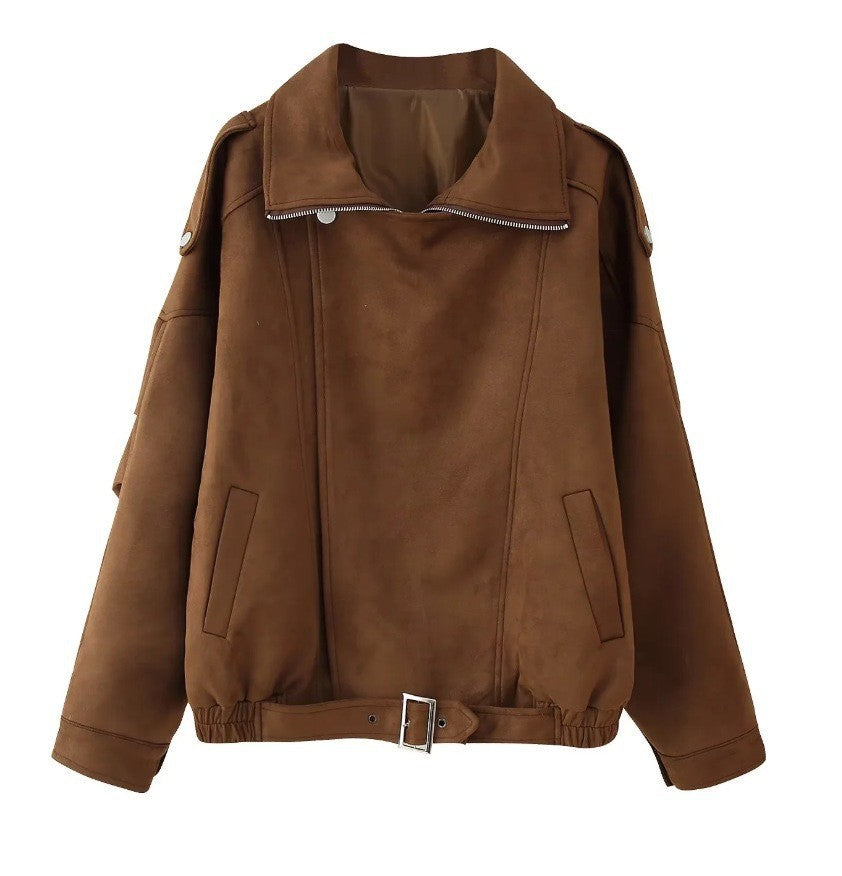 Women’s Oversized Faux Suede Aviator Jacket with Waist Belt, Epaulettes, and Stand-Up Collar Fashion Glam