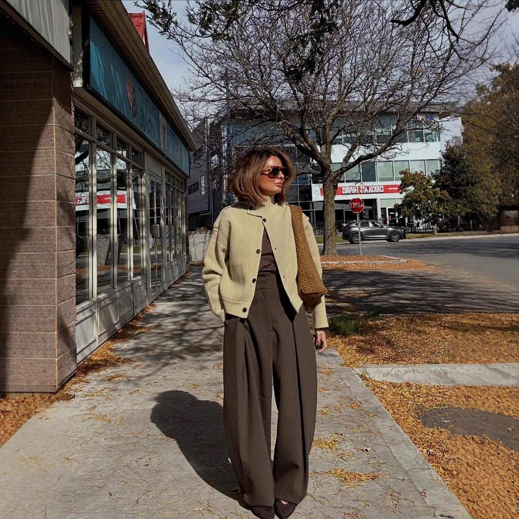 Women Ribbed Knit Cardigan with High Stand-up Collar and Button Placket Fashion Glam
