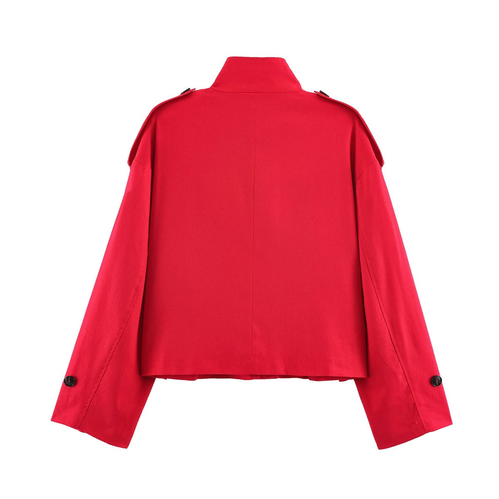 Women's Short Cargo Jacket with Stand Collar, Shoulder Flaps and Button Placket Fashion Glam
