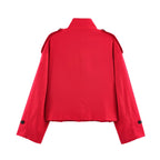 Women's Short Cargo Jacket with Stand Collar, Shoulder Flaps and Button Placket Fashion Glam