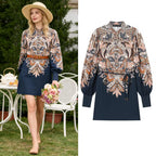 Women's Patterned Tunic Dress with Ties, Stand Collar and Balloon Sleeves Fashion Glam