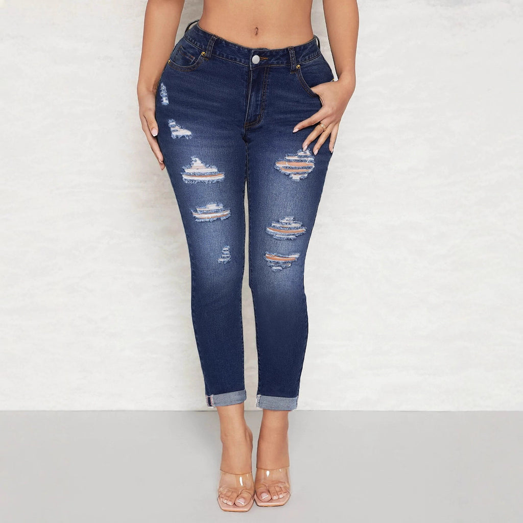 Women's High-Waisted Skinny Jeans with Destroyed Inserts and Cuffed Hem Fashion Glam